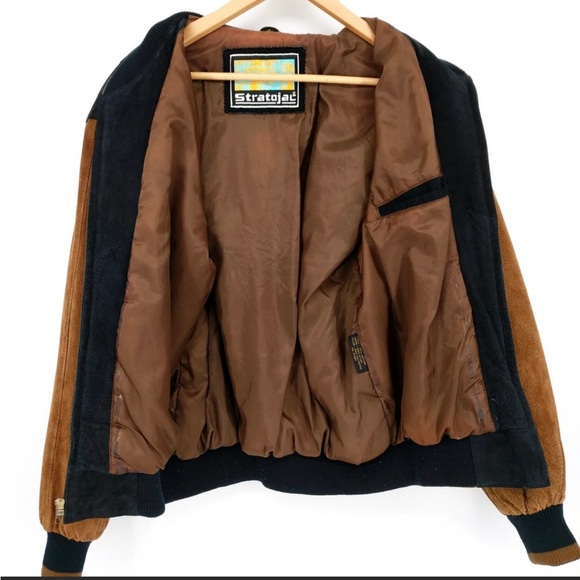 Vintage Stratojac Suede Leather Two-Tone Bomber Jacket Paneled Black Tan Men's M - Picture 6 of 8